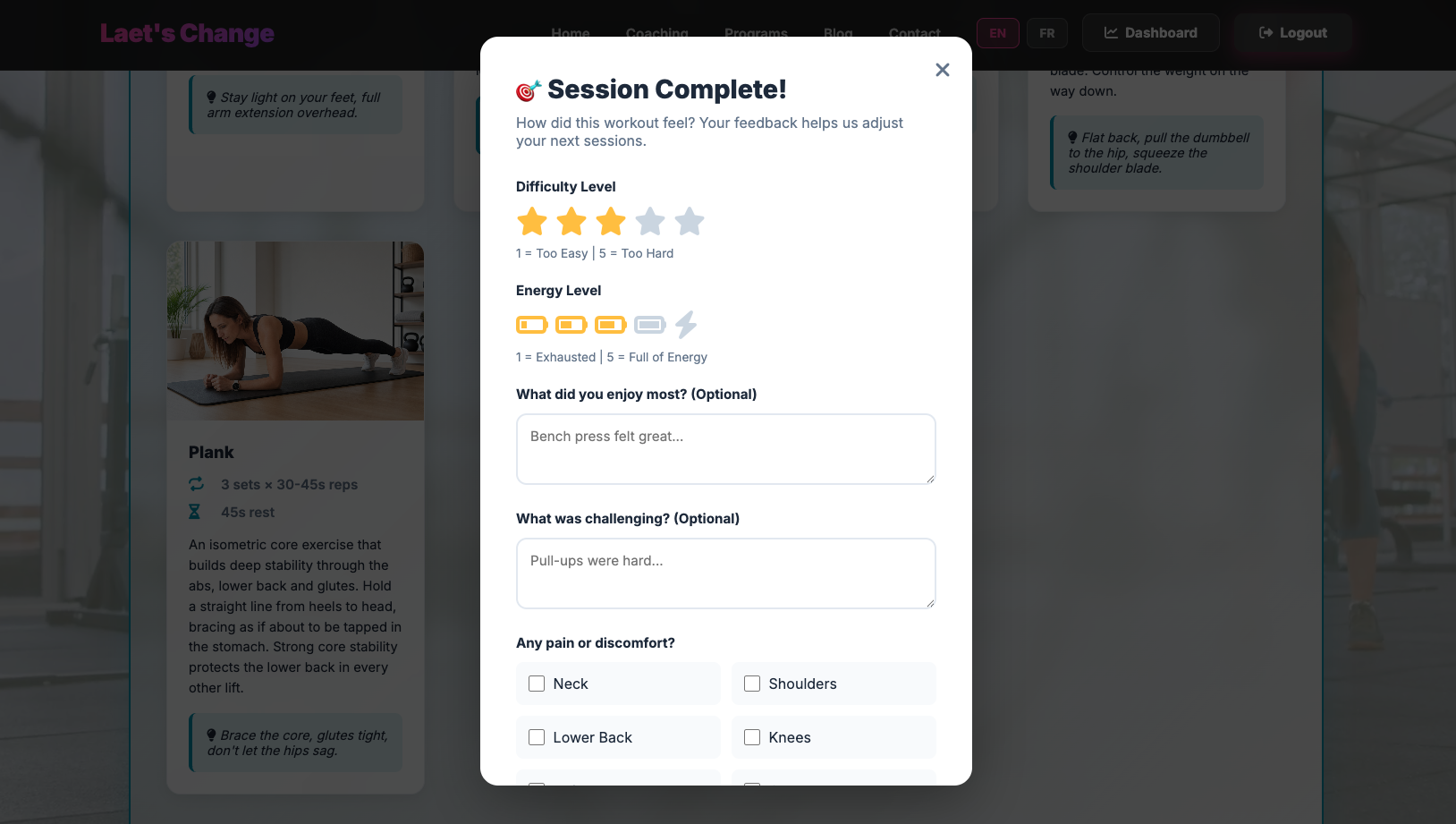 Session feedback that adapts your next week